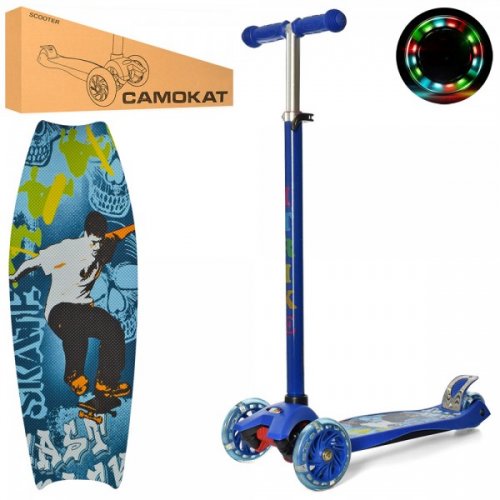 Самокат JR 3-055-1-DBL  MAXI,ст+пл,кол3штПВХ-св,2пер120мм,руль79/88см,подн40-13см,рисун, синий